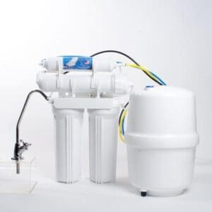 A water filter system with the lid open.