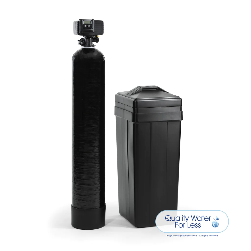 A water softener and tank are next to each other.